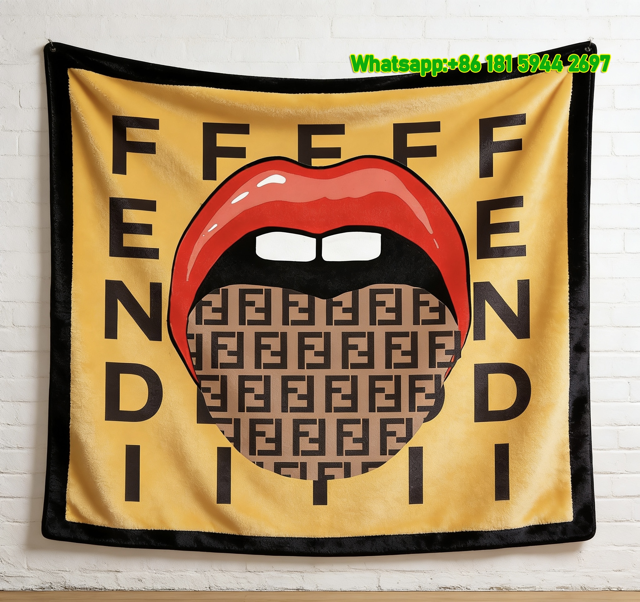 Fendi FF Monogram Red Lips Pop Art Flannel Throw Blanket IMG_9617